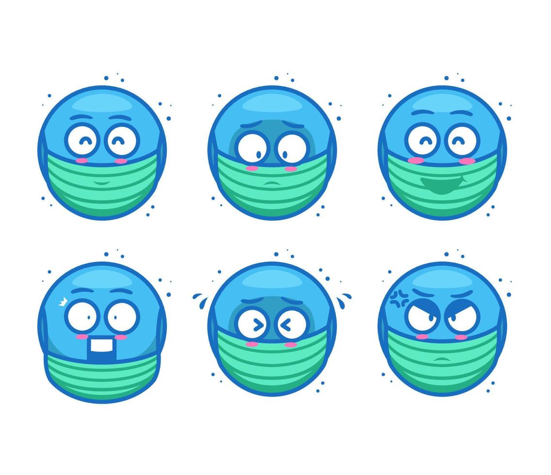 set di espressioni emoticon emoji blu maschera medica vettore