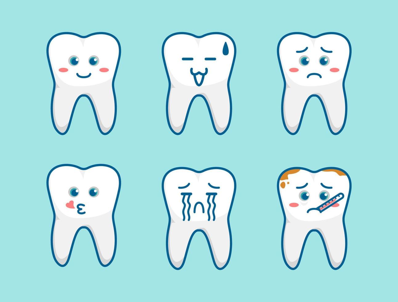 dente cartone animato emoji divertente simpatico personaggio mascotte con vari volti di espressione impostati per l'illustrazione del dentista dei bambini vettore