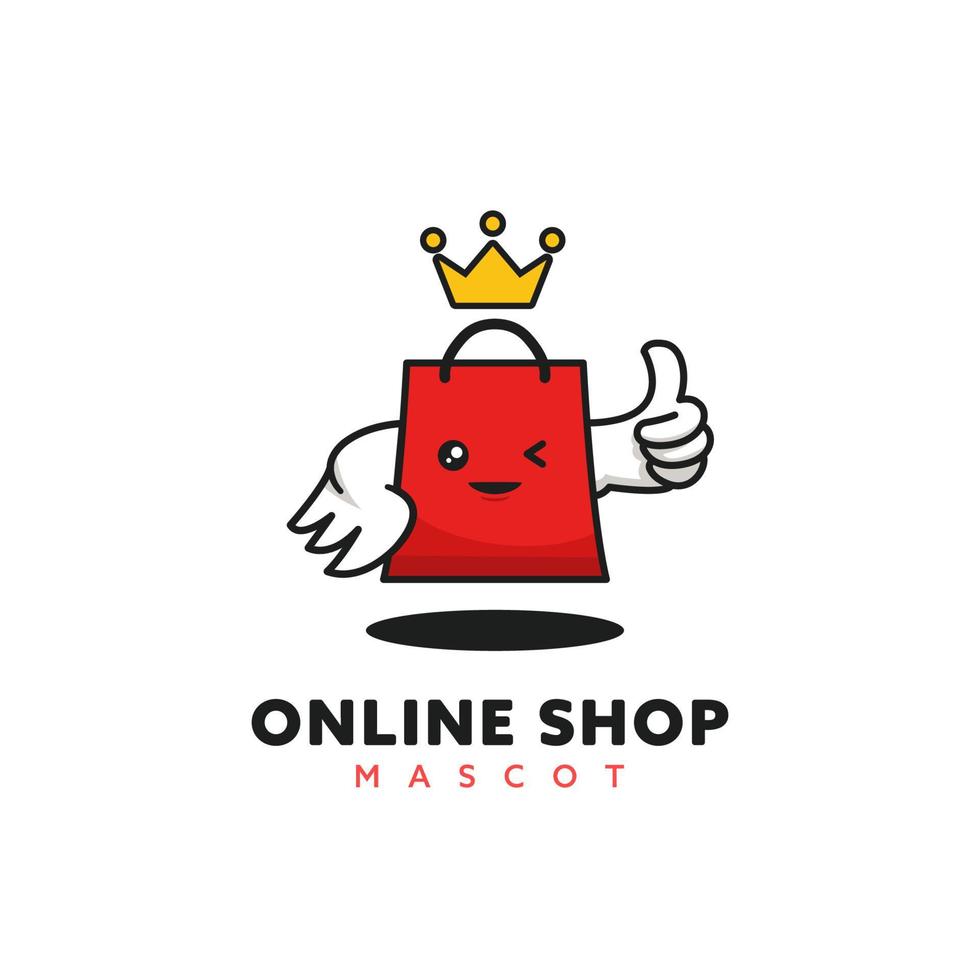 illustrazione del logo di vettore della corona di usura del fumetto della mascotte del re del sacchetto della spesa. concetto di mascotte del negozio online di moda
