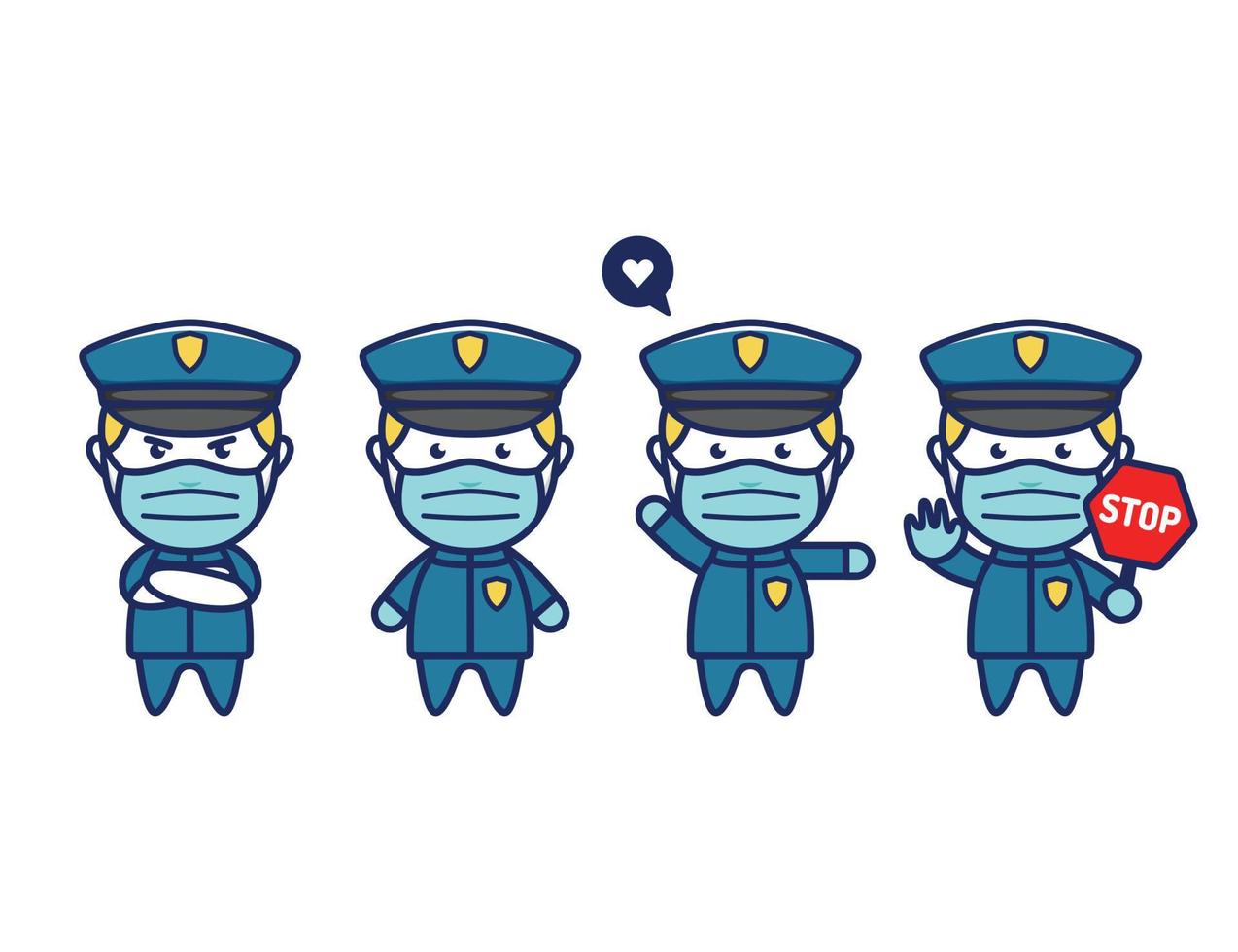 simpatico personaggio mascotte dell'ufficiale di polizia in stile chibi con protezione della maschera facciale dall'influenza pandemica della malattia del coronavirus covid vettore