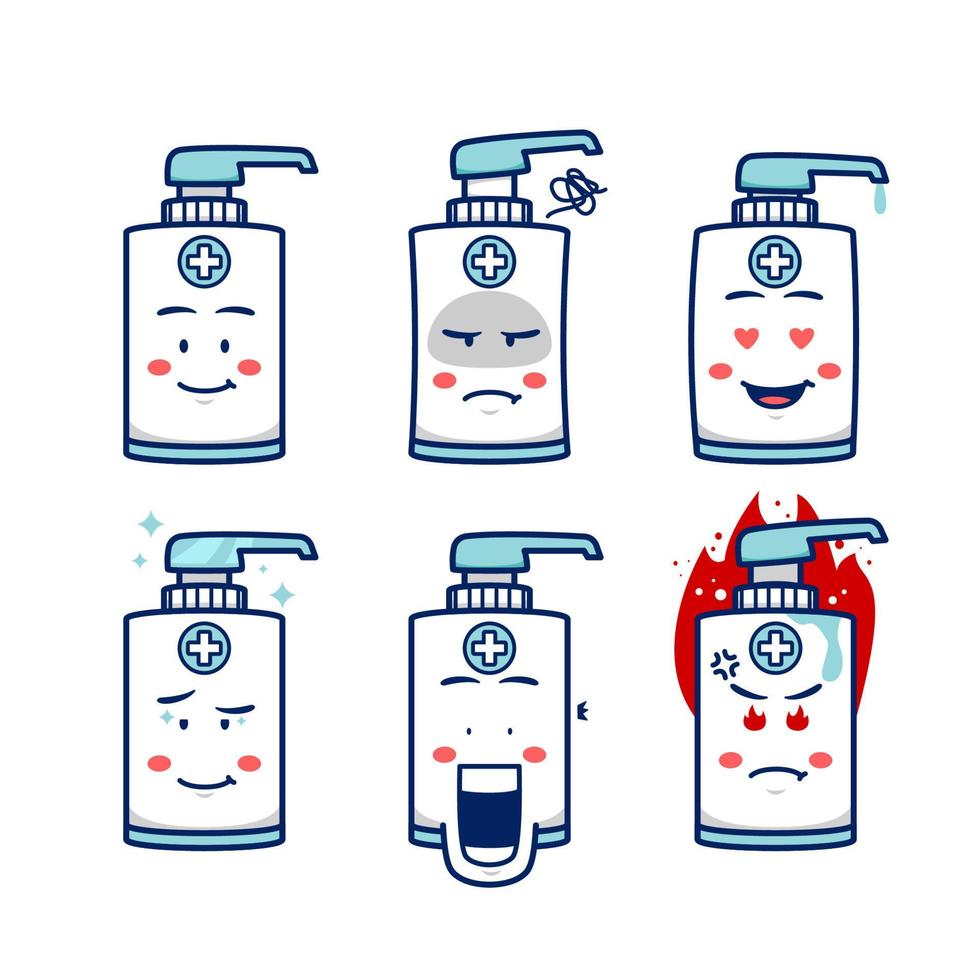 Personaggio mascotte disinfettante per sapone per le mani con espressione sorriso, arrabbiato, sconvolto, amore, stupito, pazzo e accigliato nel fumetto illustrazione vettoriale