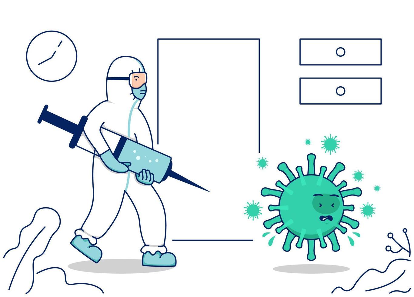 illustrazione vettoriale combattere il virus corona covid, il medico con tuta protettiva porta il concetto di virus di lotta all'iniezione della siringa del vaccino