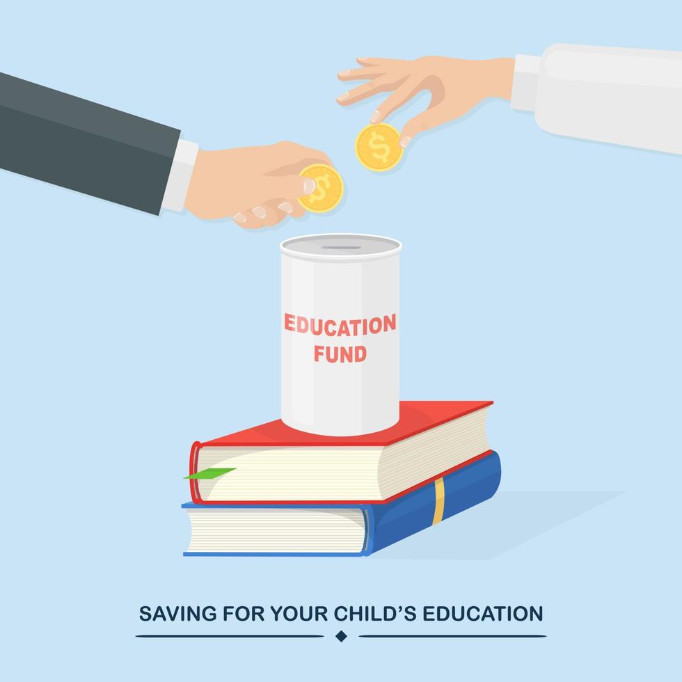investire denaro nel fondo per l'istruzione. scatola per le donazioni con una pila di libri. disegno vettoriale