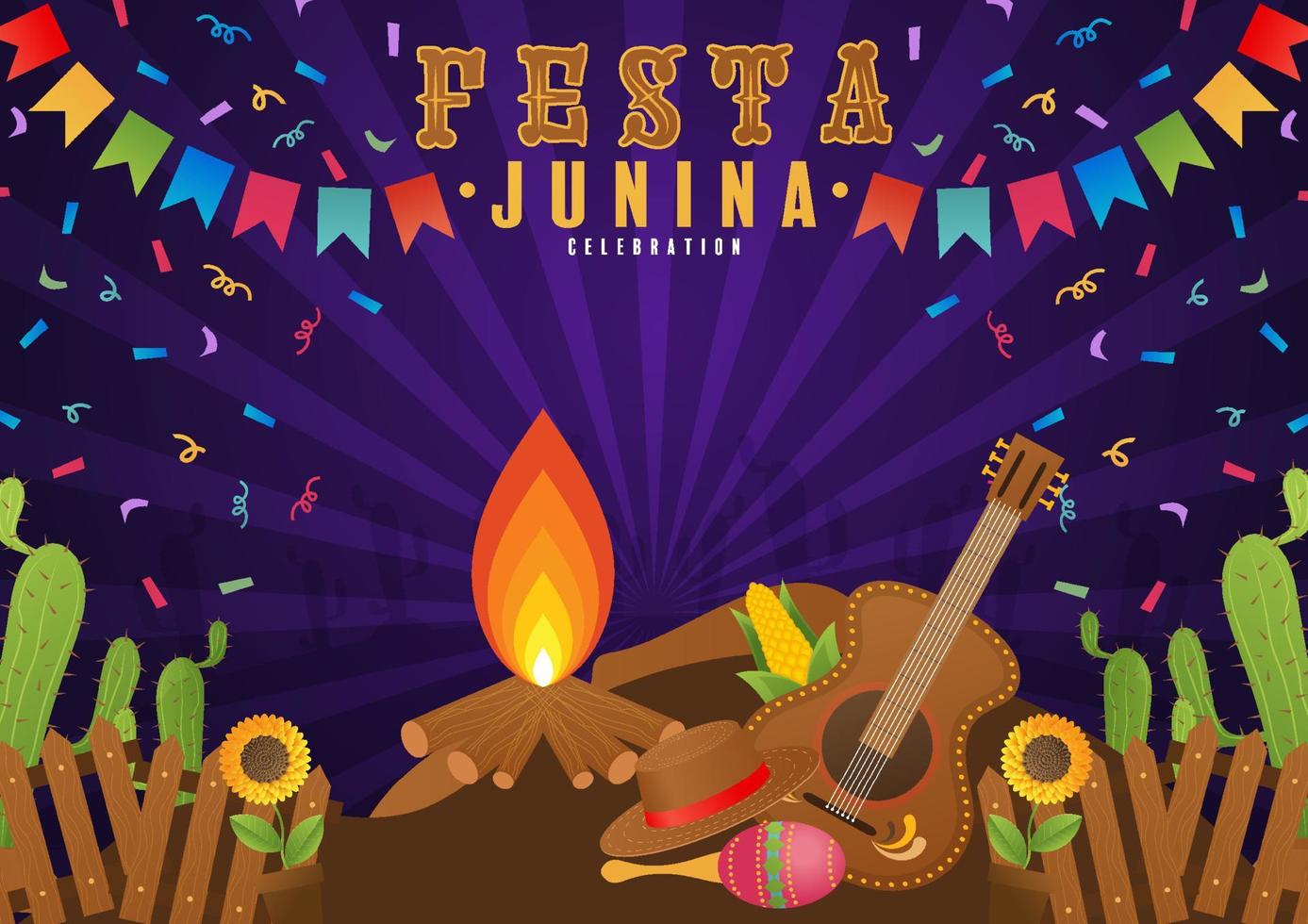 poster festa junina festival di giugno. folklore vacanze chitarra fisarmonica cactus estate girasole falò. vettore