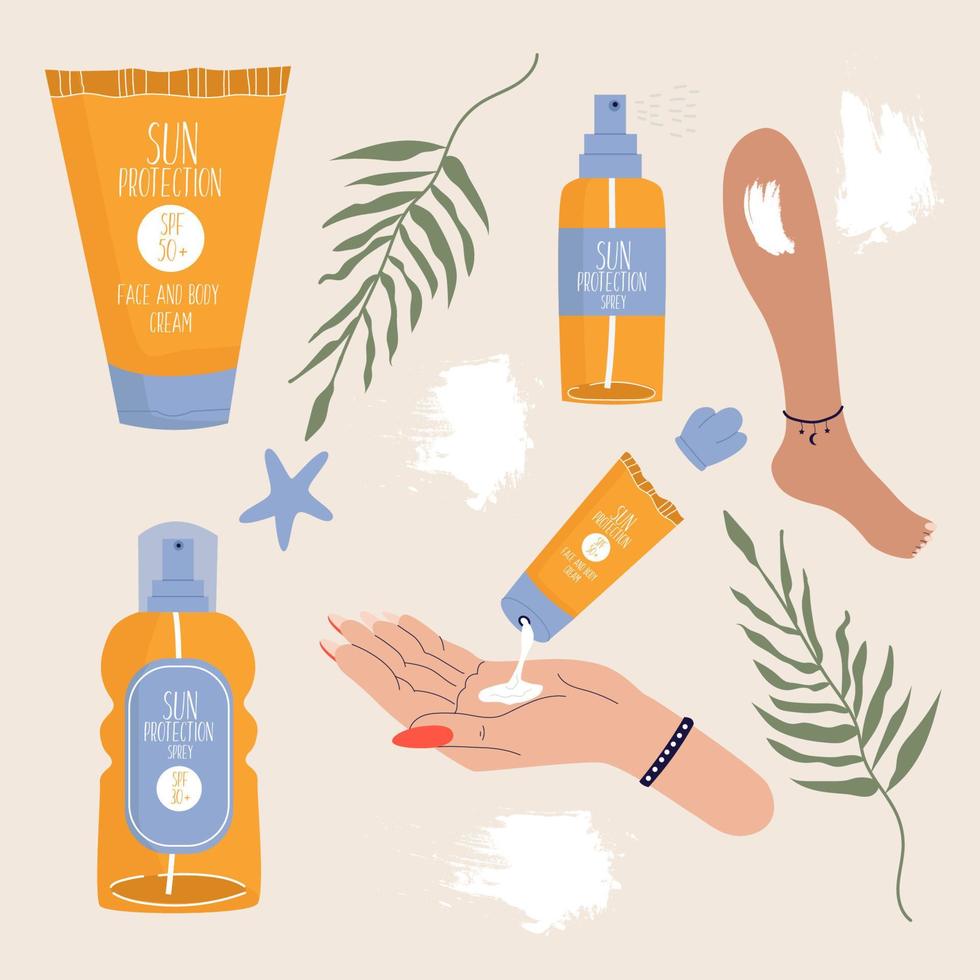 kit di protezione solare. crema solare disegnata a mano, spray, lozione.maschere in crema, sulla gamba e sul braccio. foglie di palma e prodotti cosmetici per la cura della pelle. vettore