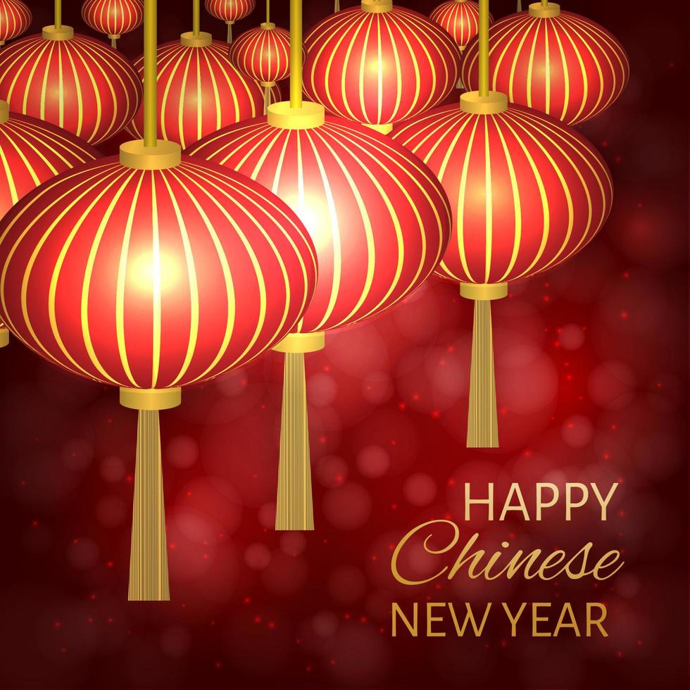 illustrazione vettoriale di capodanno cinese con lanterne tradizionali su sfondo bokeh rosso scuro. modello di progettazione facile da modificare per i tuoi progetti. può essere utilizzato come biglietti di auguri, inviti, ecc.