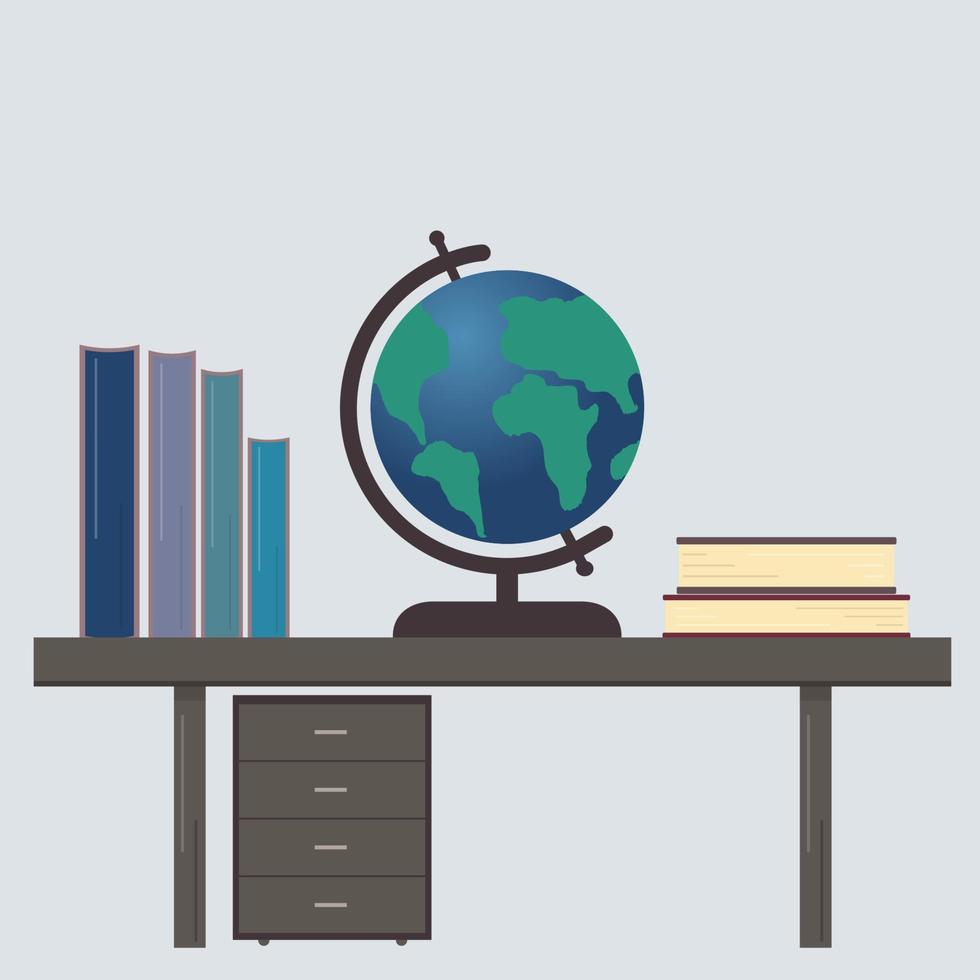 scrivania con libri e globo. luogo di lavoro dello studente. concetto di educazione. modello di disegno vettoriale. vettore
