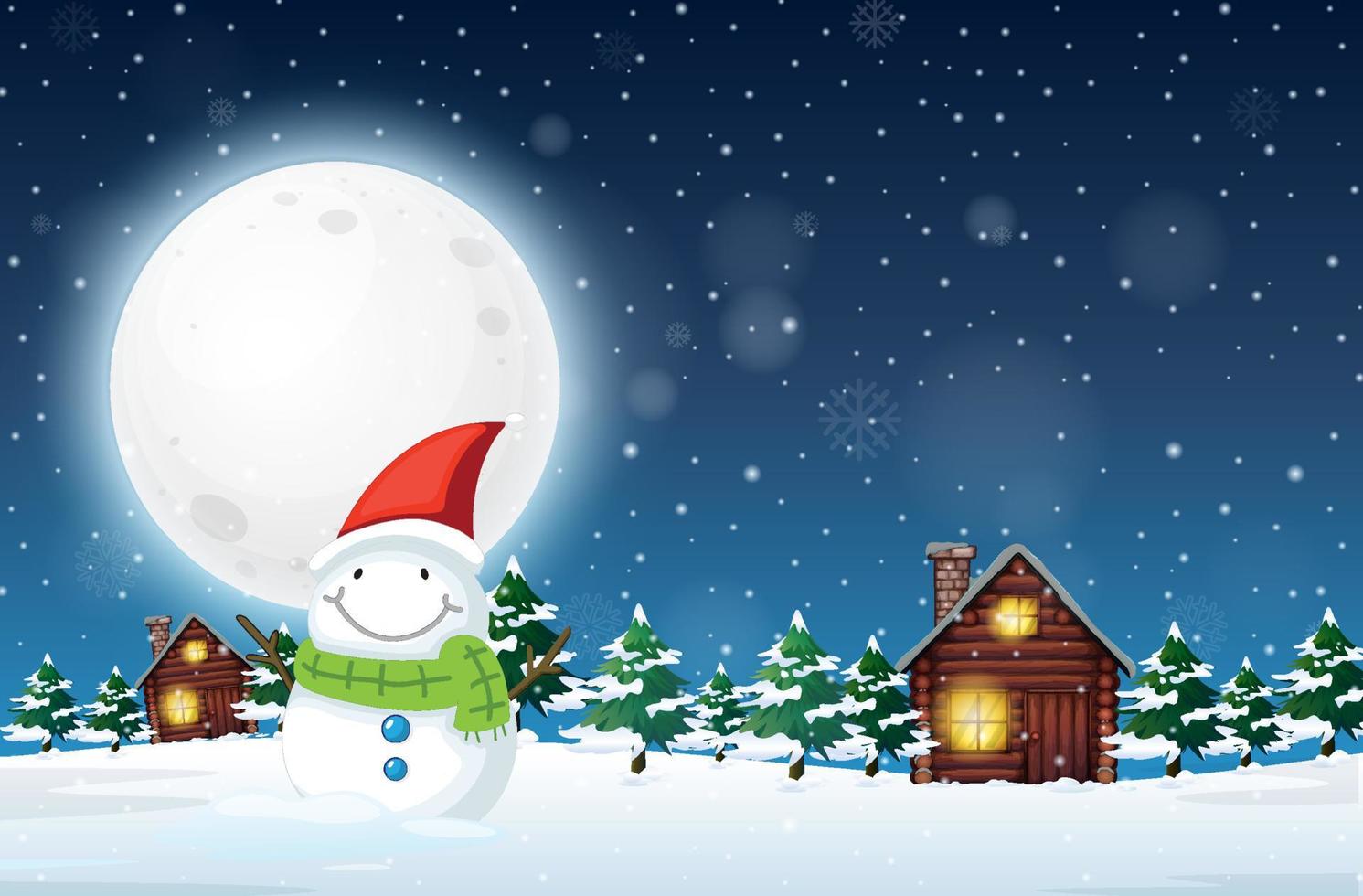 notte d'inverno nevoso con pupazzo di neve di Natale e una casa vettore