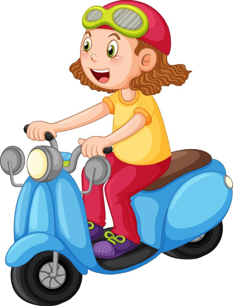scooter di guida della ragazza del fumetto su priorità bassa bianca vettore