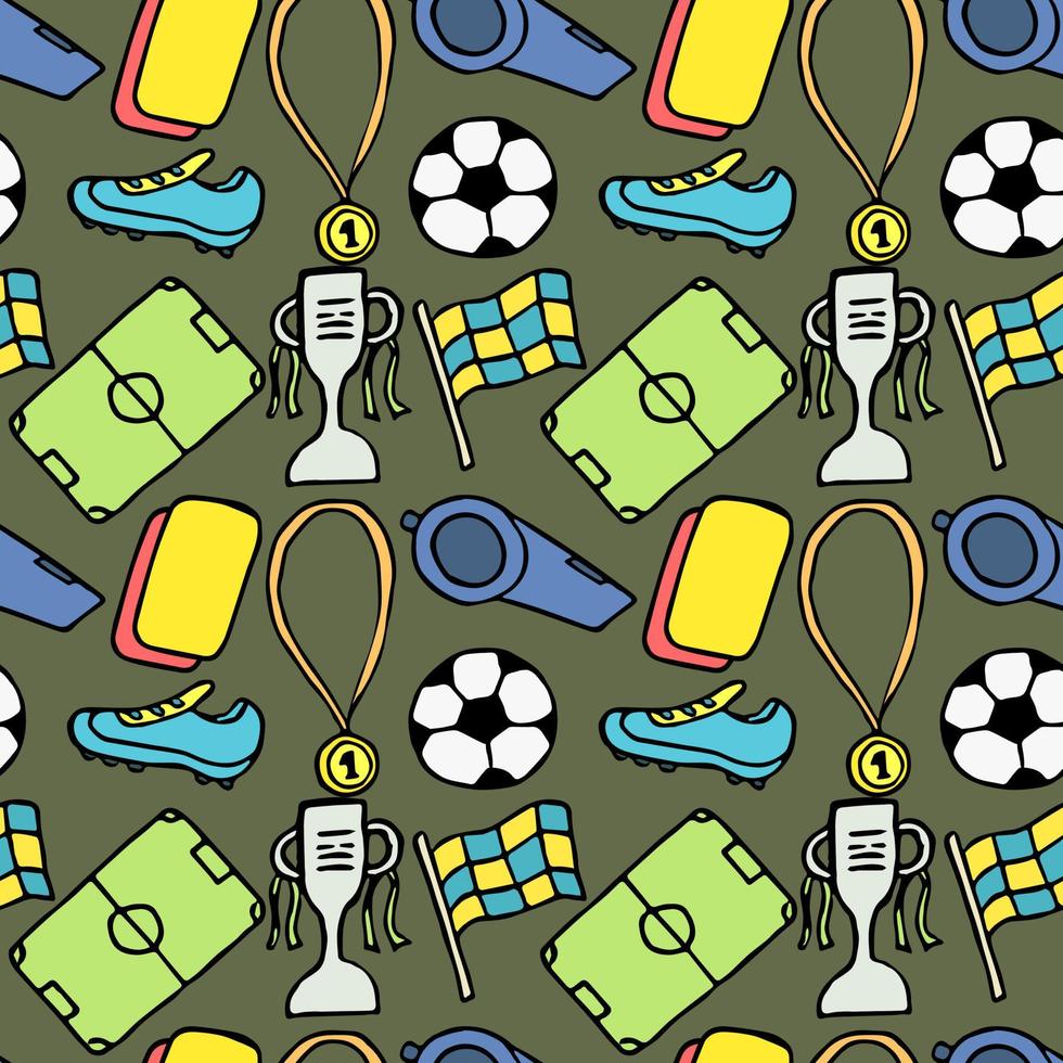 modello di calcio senza soluzione di continuità. doodle illustrazione di calcio con un pallone da calcio, coppa del campionato, scarpe, campo da calcio. vettore
