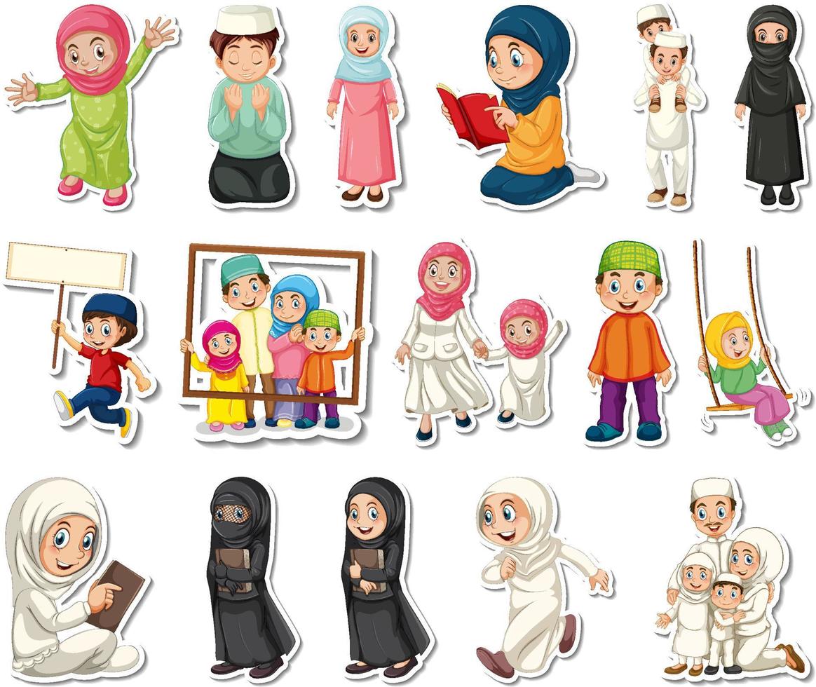 set di adesivi di simboli religiosi islamici e personaggi dei cartoni animati vettore
