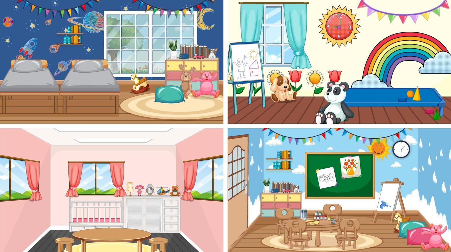 set di diverse scene in aula della scuola materna vettore