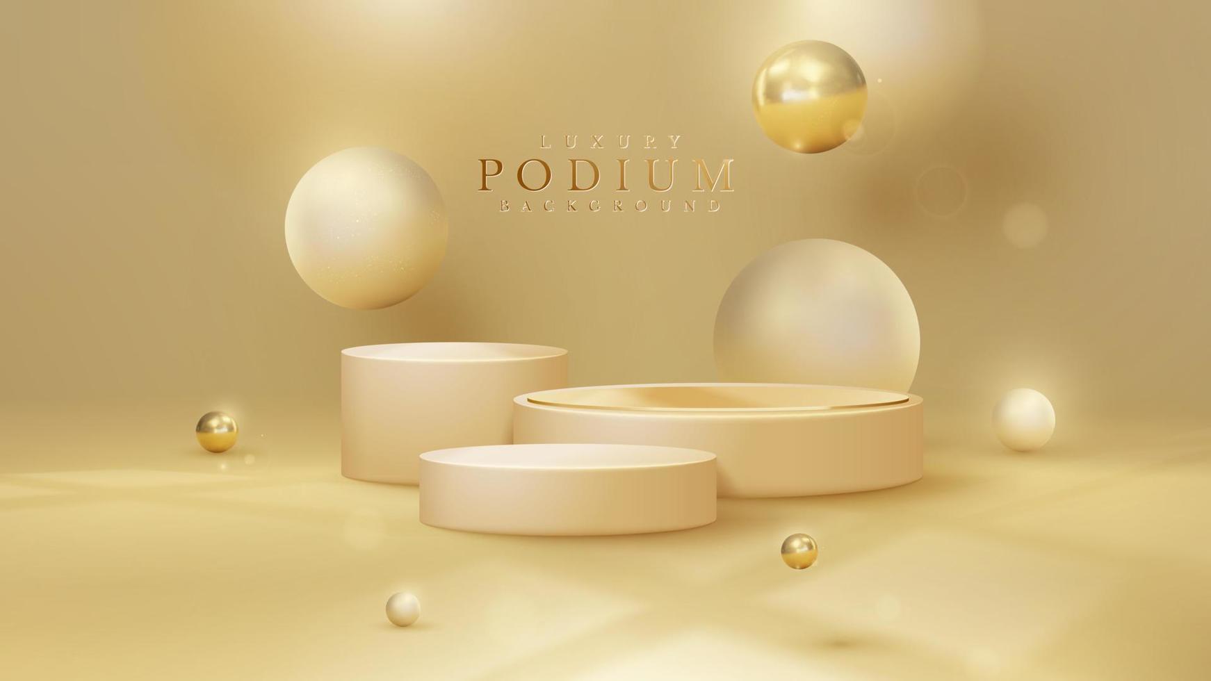sfondo di lusso con podio di visualizzazione del prodotto ed elemento a sfera in oro 3d e decorazione effetto sfocato e luce glitterata con bokeh. vettore