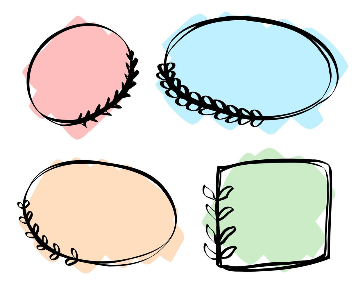 astratto doodle cornici nere pastello set disegnato a mano. simpatiche linee rotonde con foglie, collezione di cerchi. vettore