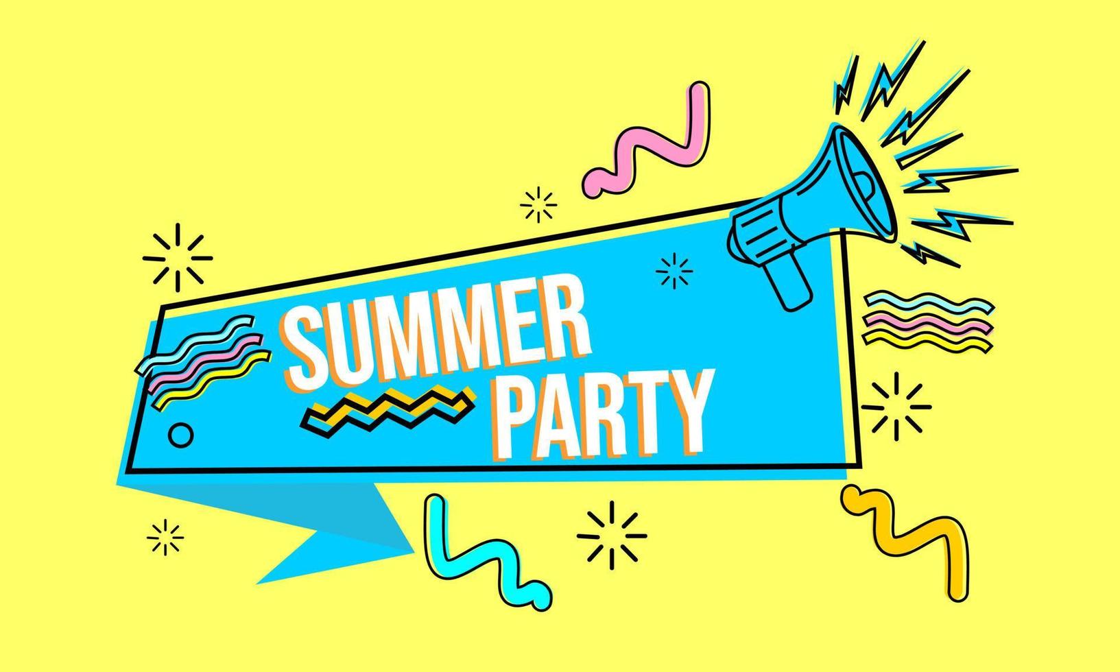 design di banner per feste estive blu in stile memphis. badge pubblicitario estivo con elemento altoparlante vettore