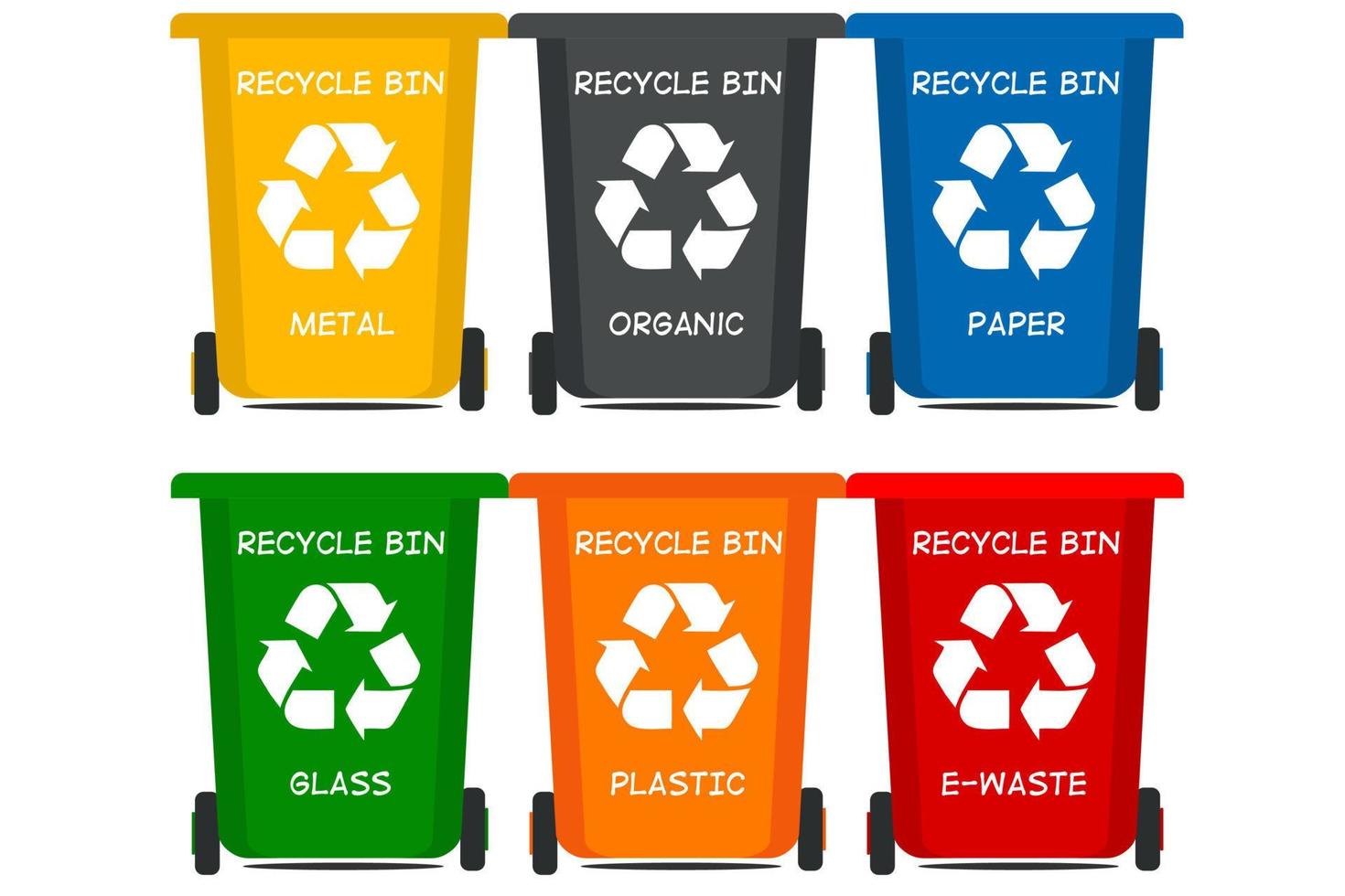 illustrazione vettoriale di contenitori per rifiuti di riciclaggio di diversi colori, illustrazione vettoriale di riciclaggio di segregazione dei tipi di rifiuti. organico, batterie, metallo plastica, carta, vetro, rifiuti elettronici, 2d, 3d.