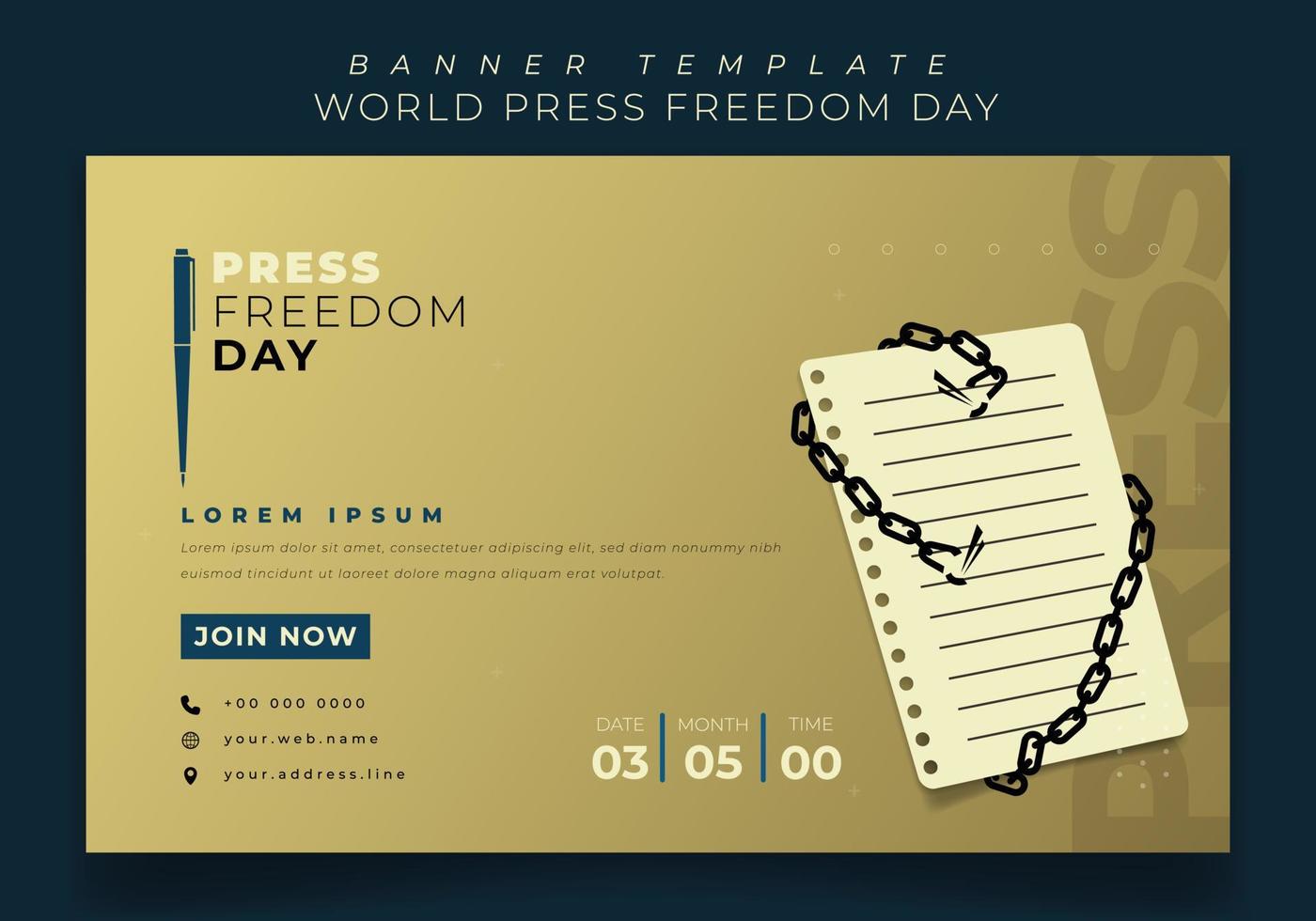 banner web orizzontale con blocco note e catena spezzata per il design della giornata mondiale della libertà di stampa vettore