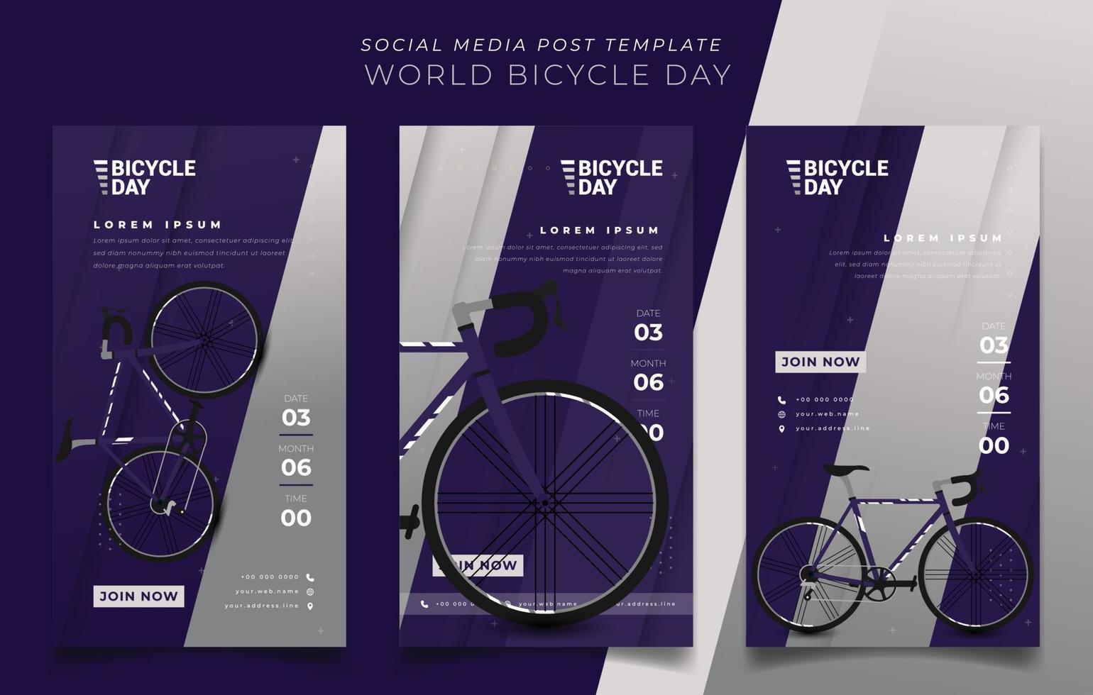 set di modelli di post sui social media su sfondo viola con vettore di bici per il design della giornata mondiale della bicicletta