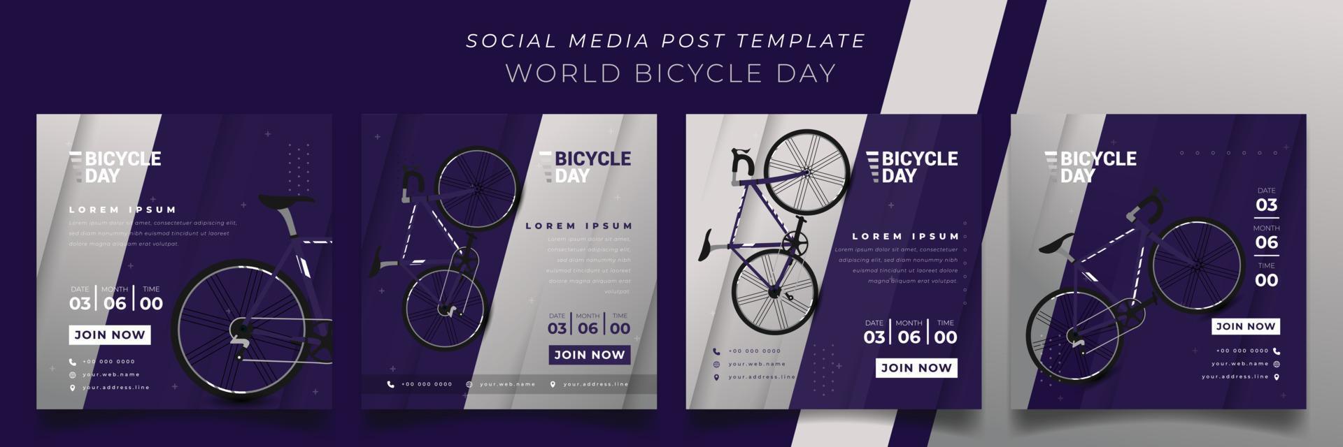 set di modelli di post sui social media su sfondo quadrato viola per il design della giornata mondiale della bicicletta vettore