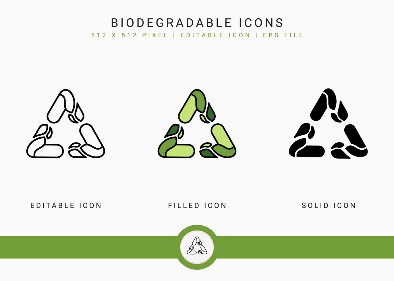 icone biodegradabili impostano l'illustrazione vettoriale con lo stile della linea di icone solide. riciclare il concetto di foglia. icona del tratto modificabile su sfondo bianco isolato per il web design, l'interfaccia utente e l'applicazione mobile