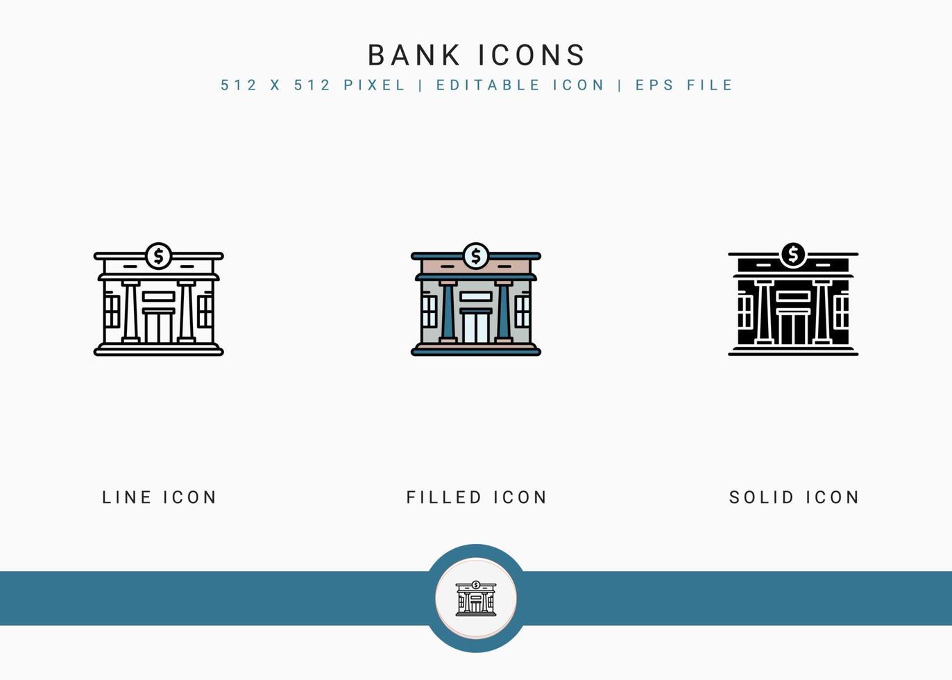 le icone della banca impostano l'illustrazione vettoriale con lo stile della linea dell'icona solido. concetto di costruzione della città. icona del tratto modificabile su sfondo isolato per il web design, l'interfaccia utente e l'app mobile