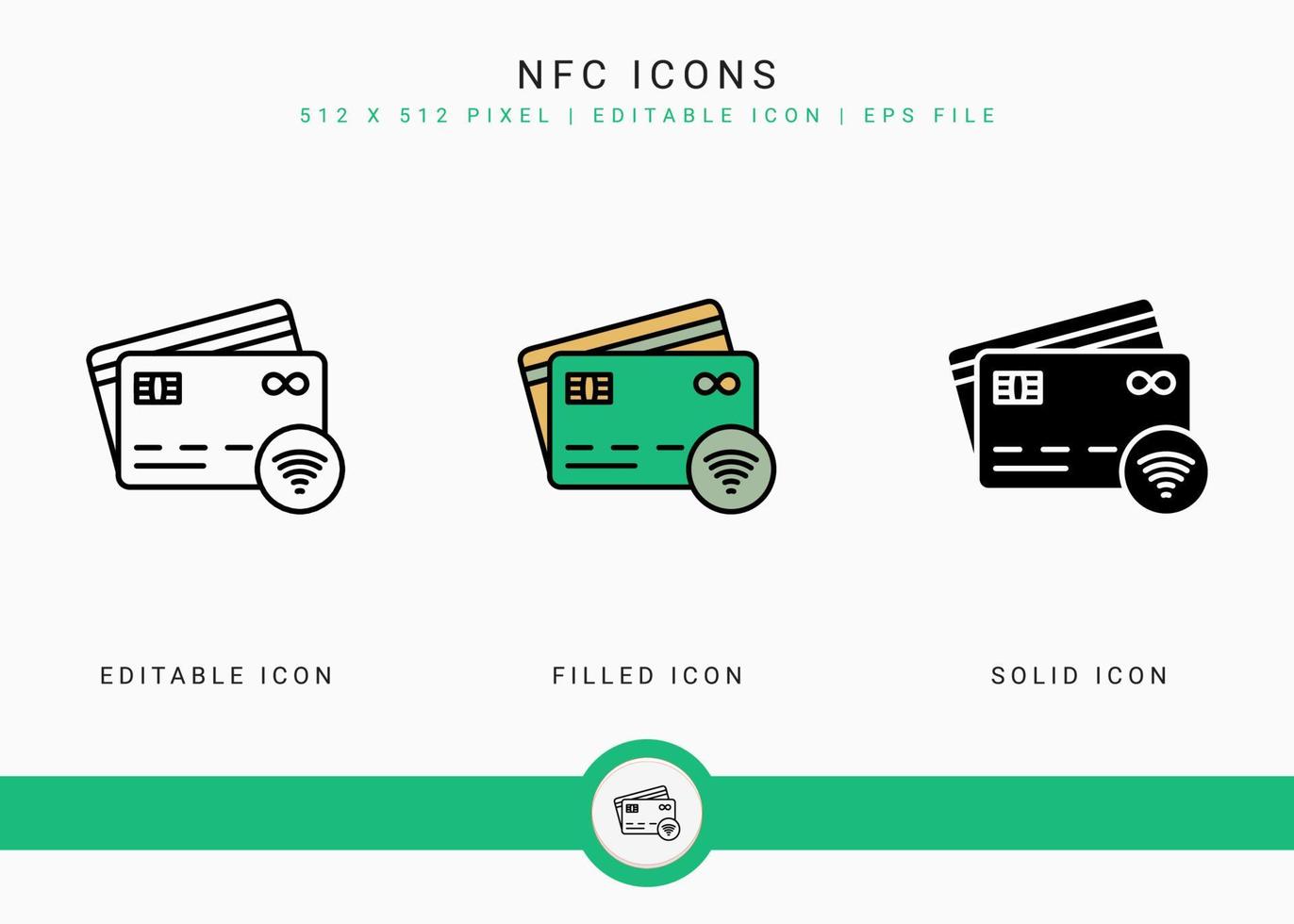 le icone NFC impostano l'illustrazione vettoriale con lo stile della linea dell'icona solido. concetto di pagamento wireless. icona del tratto modificabile su sfondo isolato per il web design, l'interfaccia utente e l'applicazione mobile