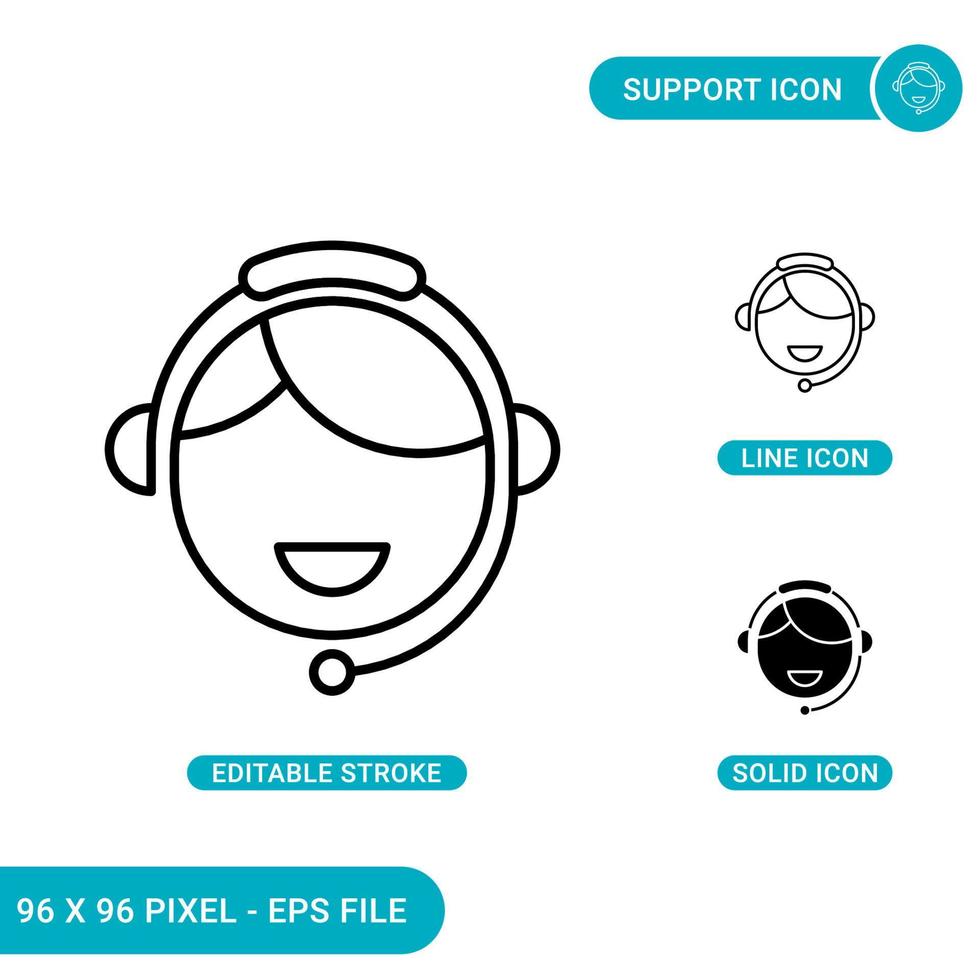 le icone di supporto impostano l'illustrazione vettoriale con lo stile della linea di icone solide. servizio clienti con il concetto di cuffie. icona del tratto modificabile su sfondo isolato per il web design, l'infografica e l'app mobile dell'interfaccia utente.