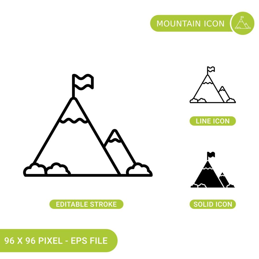 le icone di montagna impostano l'illustrazione vettoriale con lo stile della linea di icone solide. concetto di montagna superiore. icona del tratto modificabile su sfondo isolato per il web design, l'infografica e l'app mobile dell'interfaccia utente.