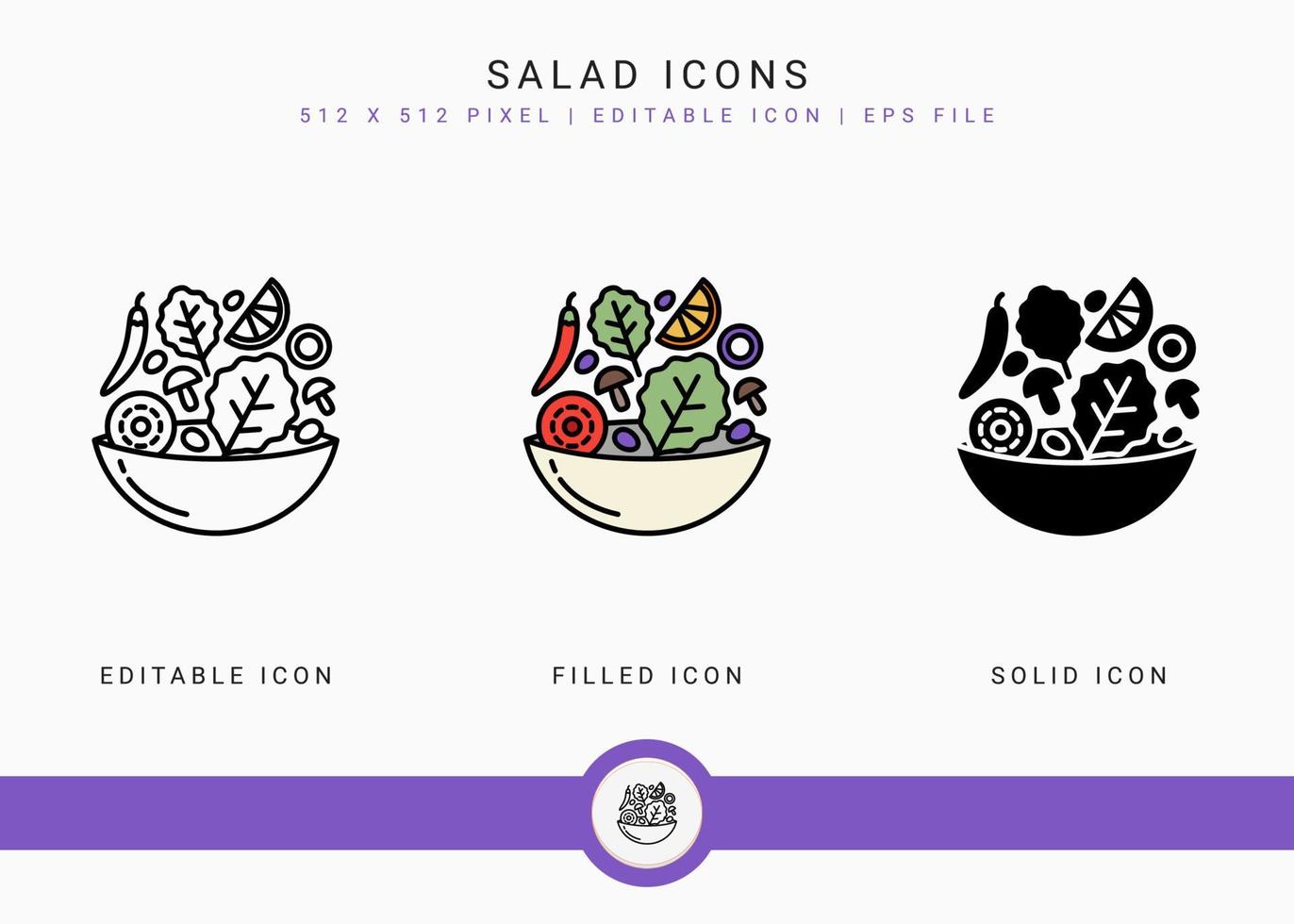 le icone dell'insalata impostano l'illustrazione vettoriale con lo stile della linea dell'icona solido. concetto di cibo dietetico sano. icona del tratto modificabile su sfondo bianco isolato per il web design, l'interfaccia utente e l'applicazione mobile
