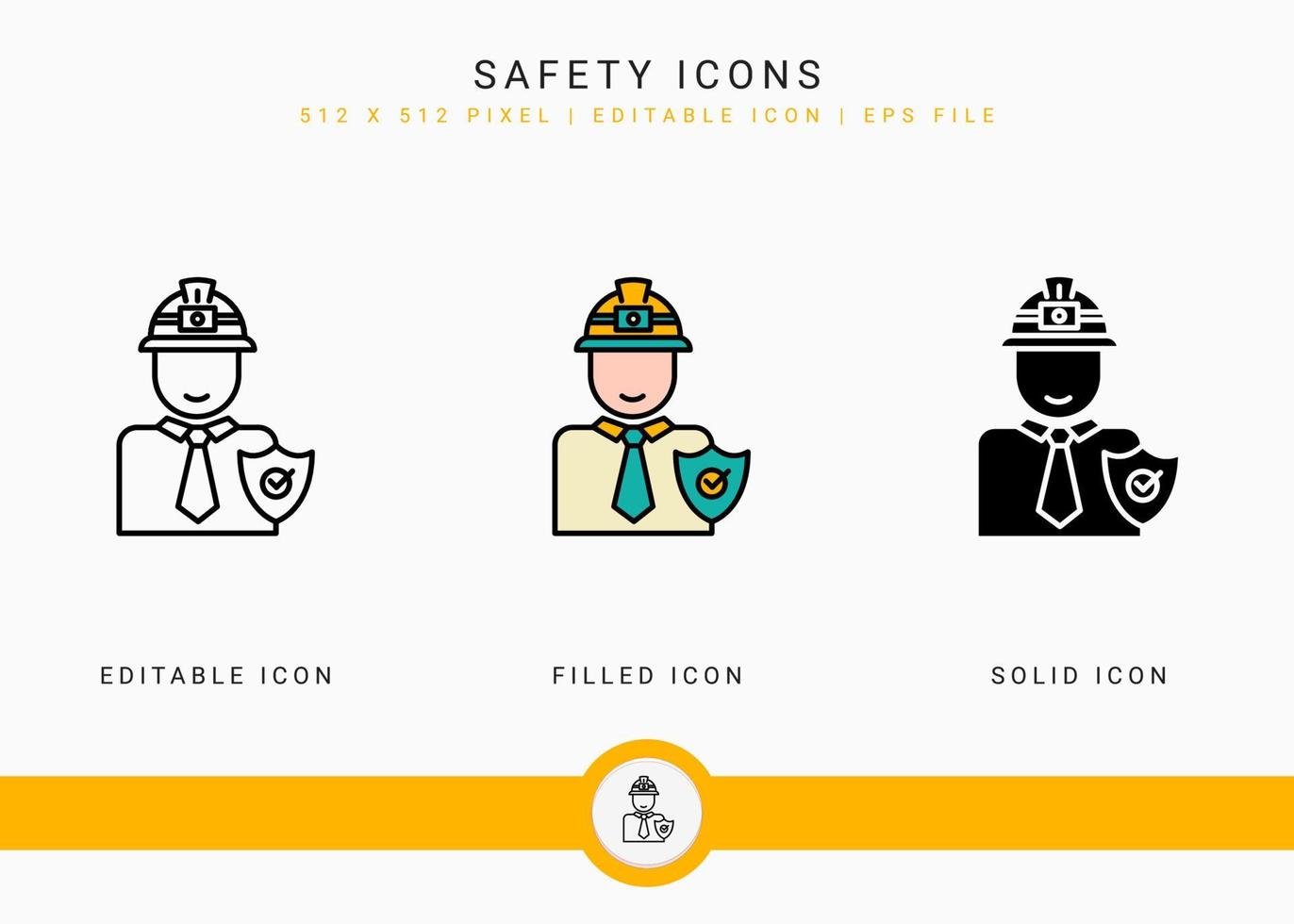 le icone di sicurezza impostano l'illustrazione vettoriale con lo stile della linea dell'icona solido. concetto di incidente sul lavoro sicuro. icona del tratto modificabile su sfondo isolato per il web design, l'interfaccia utente e l'applicazione mobile