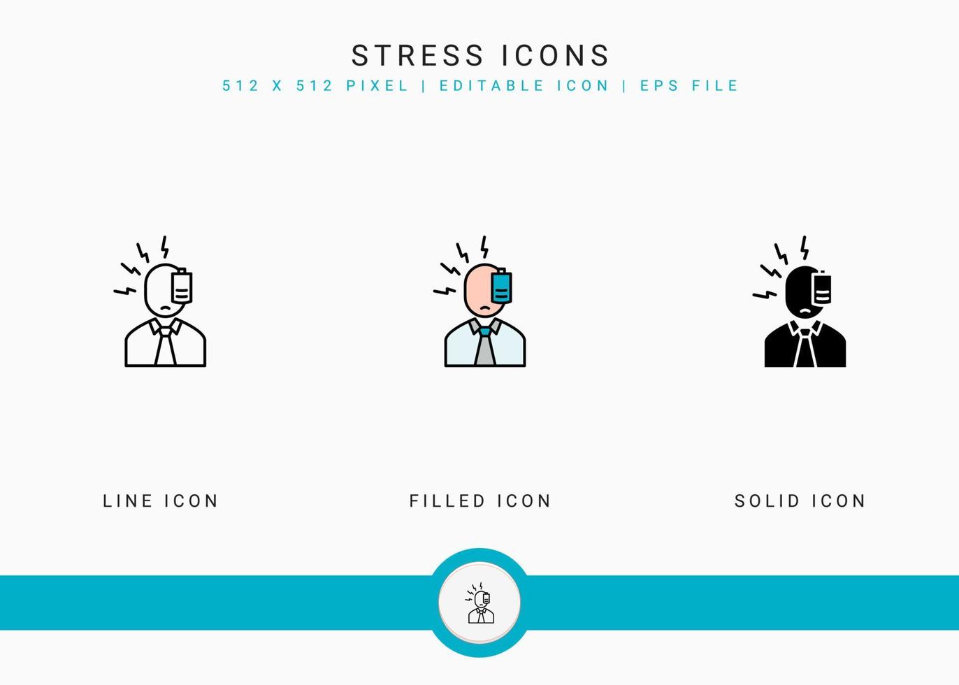 le icone di stress impostano l'illustrazione vettoriale con lo stile della linea di icone solide. concetto di depressione e pressione. icona del tratto modificabile su sfondo isolato per il web design, l'interfaccia utente e l'app mobile