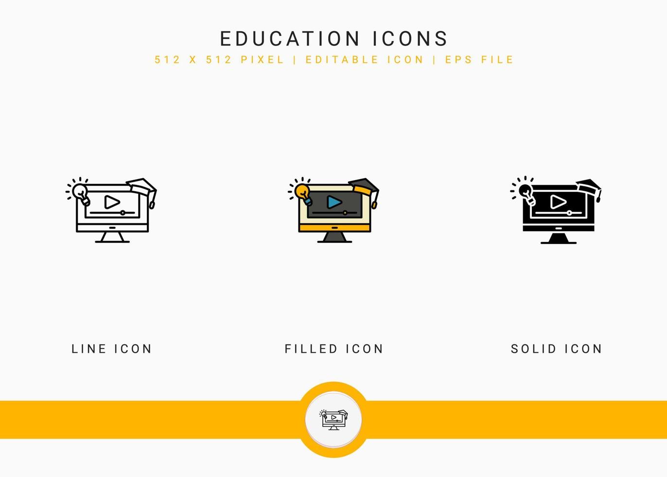 le icone dell'istruzione impostano l'illustrazione vettoriale con lo stile della linea dell'icona solido. concetto di webinar video online. icona del tratto modificabile su sfondo isolato per il web design, l'interfaccia utente e l'app mobile