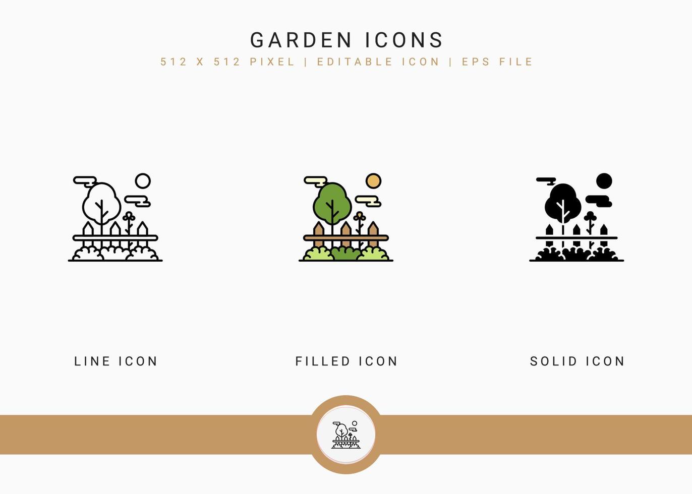 le icone del giardino impostano l'illustrazione vettoriale con lo stile della linea dell'icona solido. concetto di agricoltura di giardinaggio delle piante. icona del tratto modificabile su sfondo isolato per il web design, l'interfaccia utente e l'app mobile