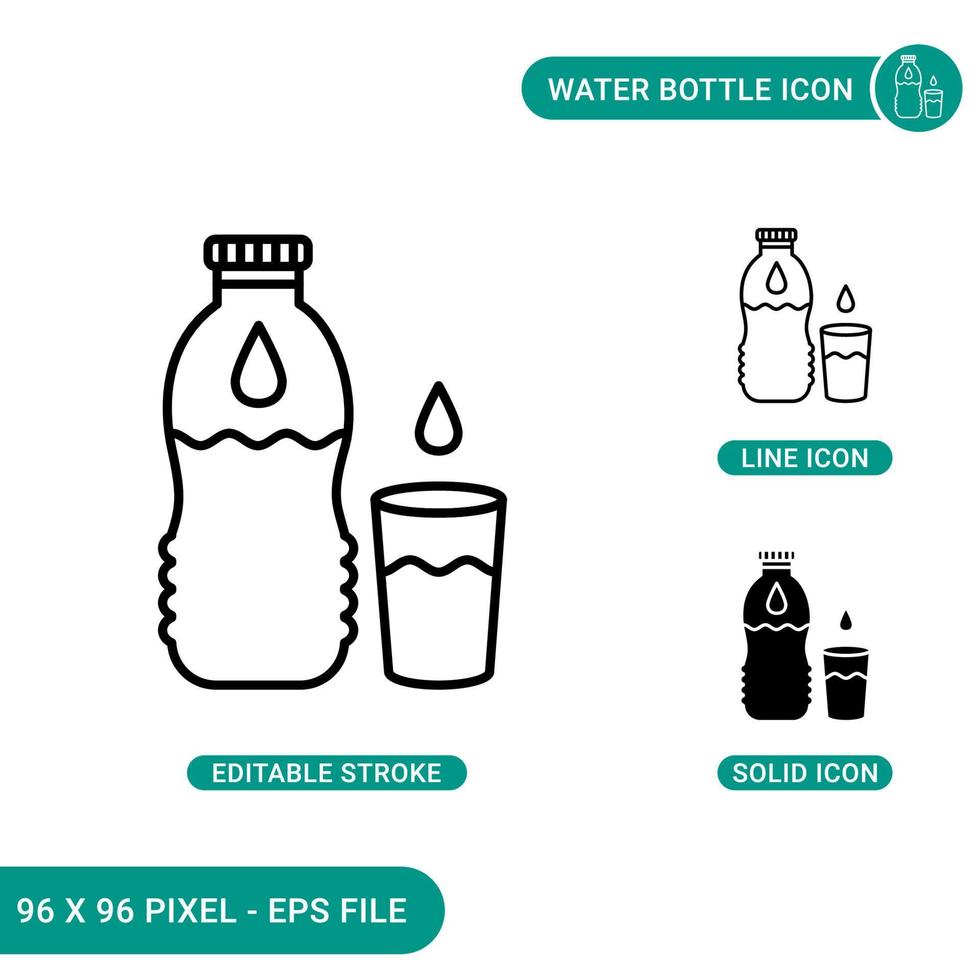 le icone della bottiglia d'acqua impostano l'illustrazione vettoriale con lo stile della linea dell'icona solido. concetto di acqua potabile e vetro. icona del tratto modificabile su sfondo isolato per il web design, l'infografica e l'app mobile dell'interfaccia utente.