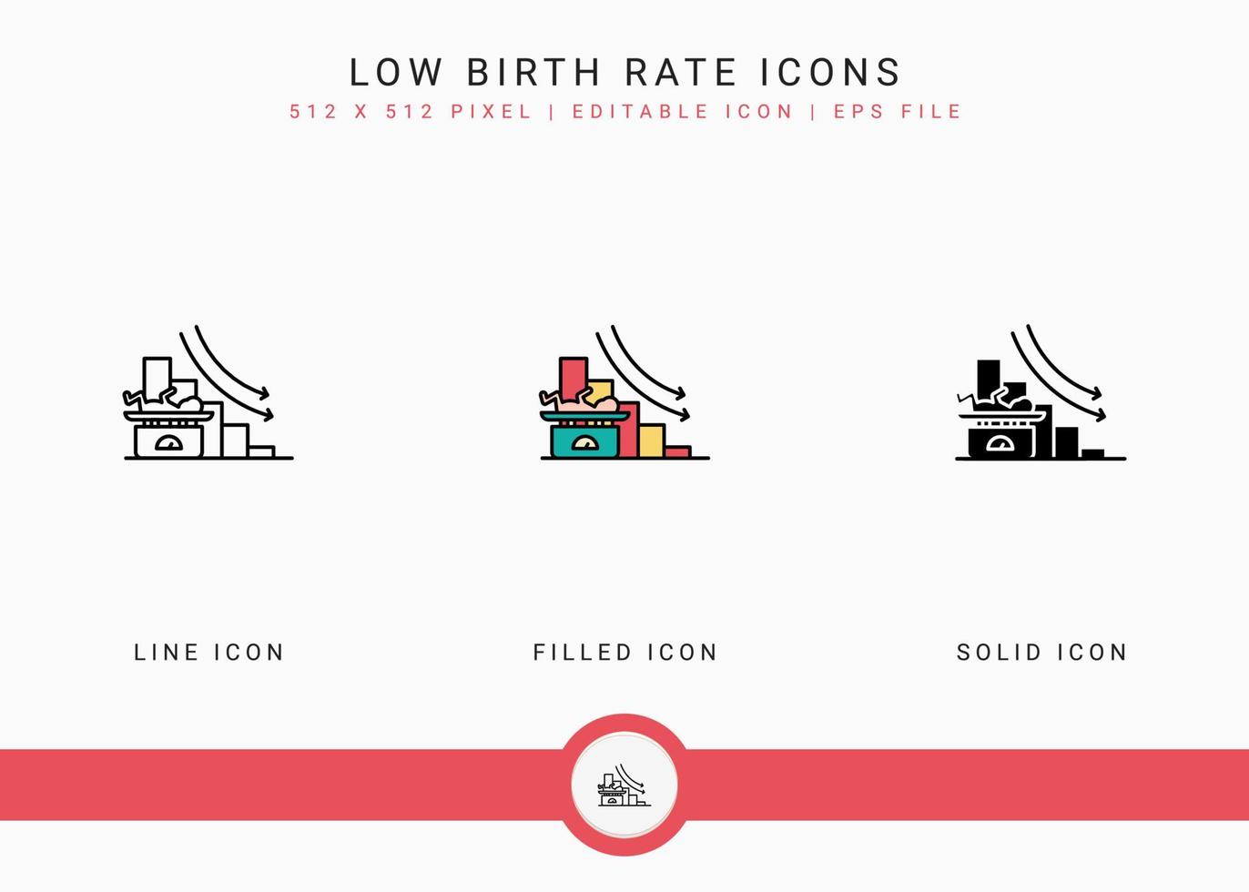 le icone del basso tasso di natalità impostano l'illustrazione vettoriale con lo stile della linea dell'icona solido. concetto di popolazione del tasso di natalità di perdita. icona del tratto modificabile su sfondo isolato per il web design, l'interfaccia utente e l'app mobile