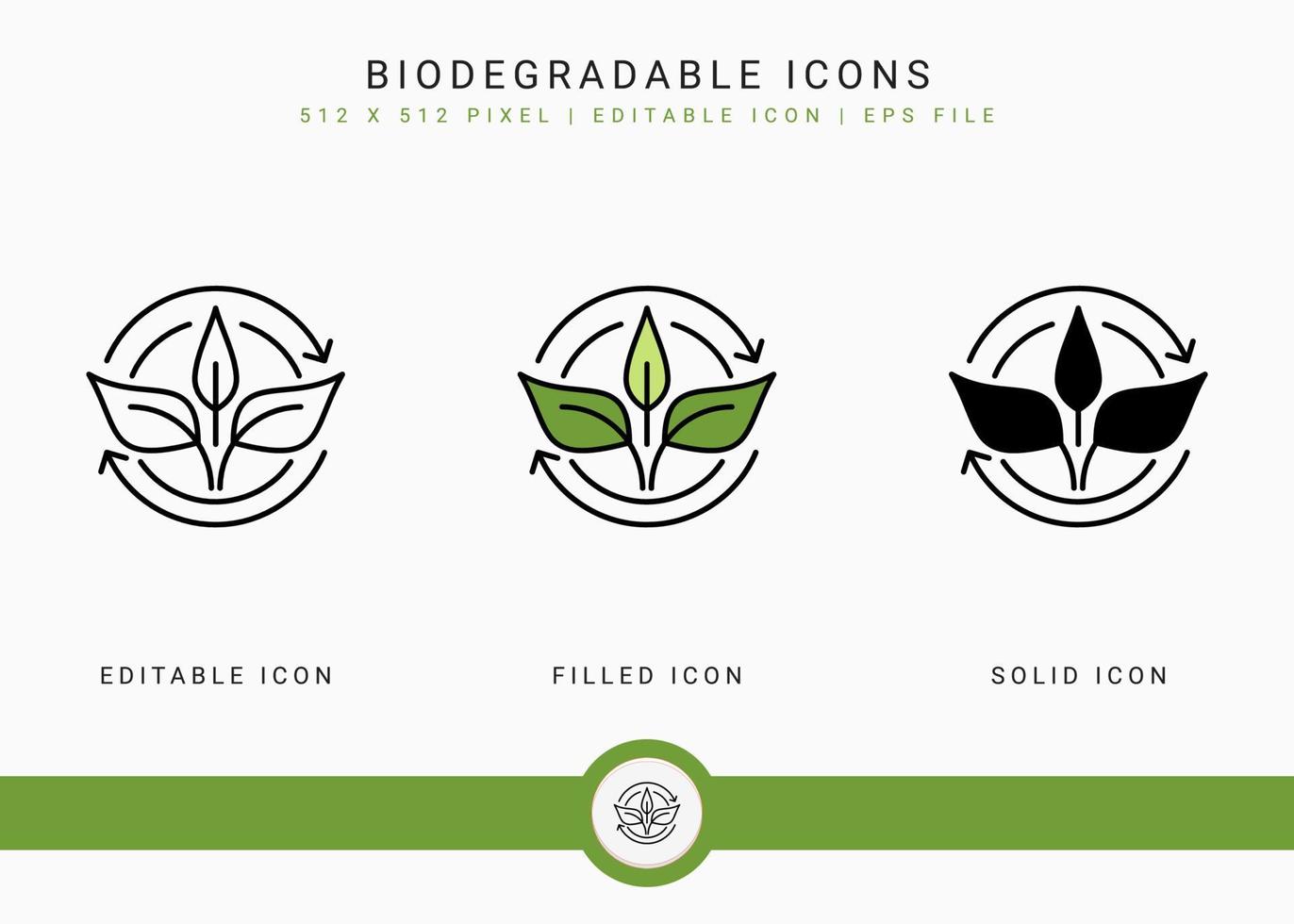 icone biodegradabili impostano l'illustrazione vettoriale con lo stile della linea di icone solide. concetto di plastica bio. icona del tratto modificabile su sfondo isolato per il web design, l'interfaccia utente e l'applicazione mobile