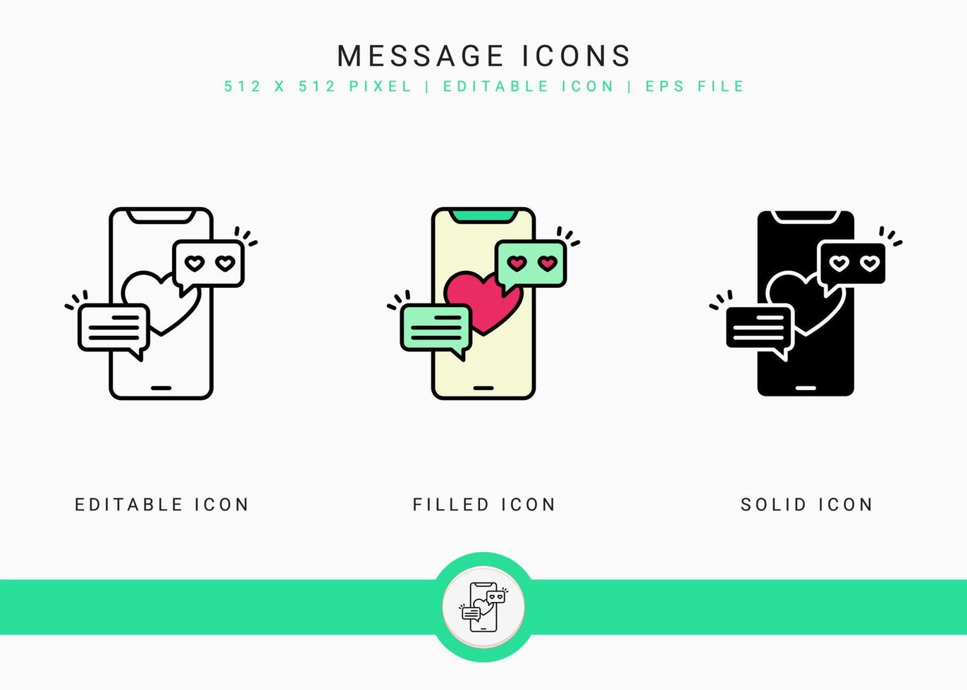 le icone dei messaggi impostano l'illustrazione vettoriale con lo stile della linea dell'icona solido. concetto di romanticismo di amore di nozze. icona del tratto modificabile su sfondo isolato per il web design, l'interfaccia utente e l'applicazione mobile
