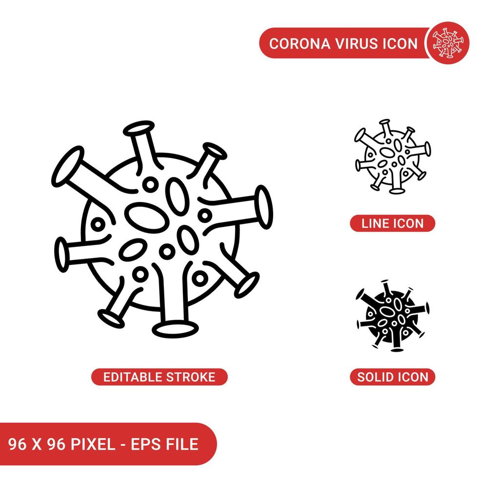 le icone del virus corona impostano l'illustrazione vettoriale con lo stile della linea dell'icona solido. concetto di malattia da virus covid-19. icona del tratto modificabile su sfondo isolato per il web design, l'infografica e l'app mobile dell'interfaccia utente.