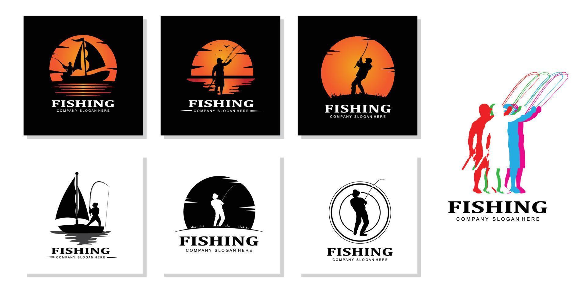 vettore icona logo pesca, pescare pesce sulla barca, design silhouette tramonto all'aperto