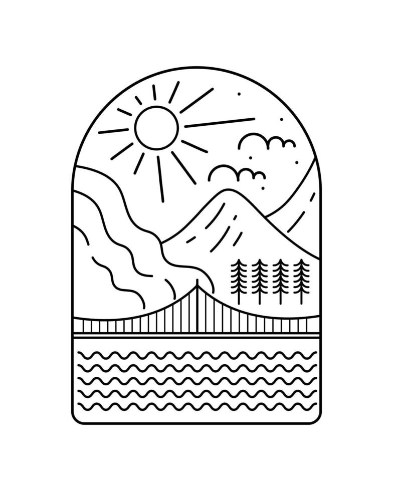 vista di un ponte e di una montagna durante il giorno di una linea mono - line art badge patch pin illustrazione grafica vector art t-shirt design