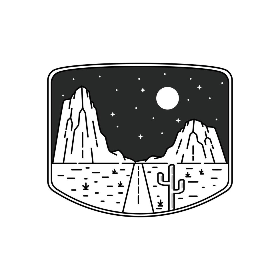 colline e strade circondate da cactus nella notte in mono line art, badge vector illustration, t-shirt art, design vector