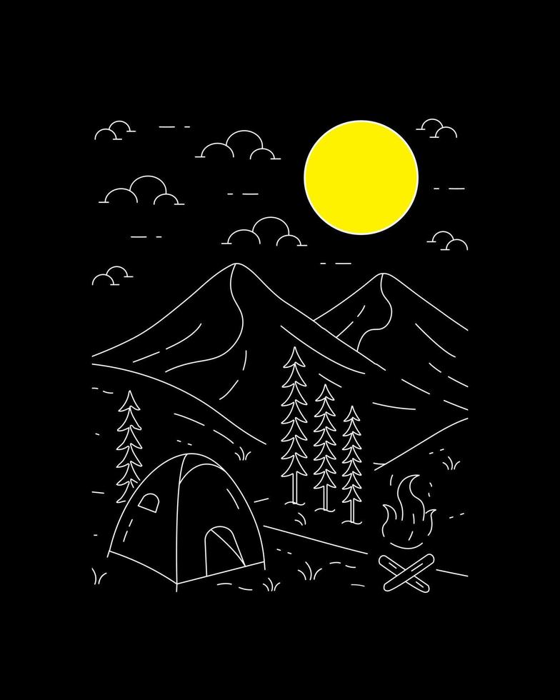campeggio e vista sulle montagne in vettore d'arte a linea mono, design a t-shirt, design a t-shirt