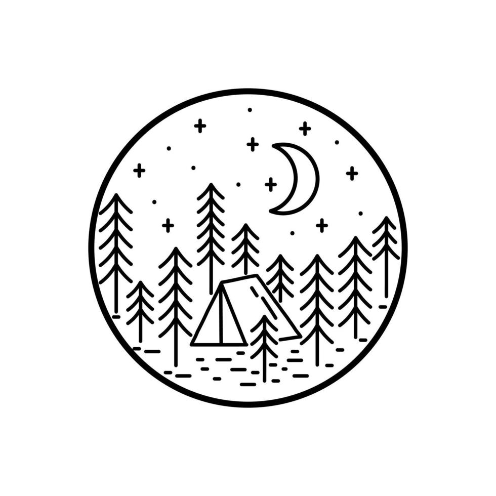 tenda da campeggio e pini nella mezzaluna notte illustrazione in mono line art, badge vector illustration, t-shirt art, design vector