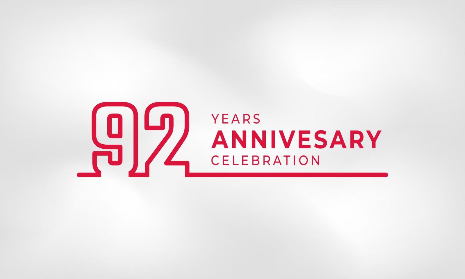 Celebrazione dell'anniversario di 92 anni logotipo collegato numero di contorno colore rosso per evento di celebrazione, matrimonio, biglietto di auguri e invito isolato su sfondo bianco trama vettore
