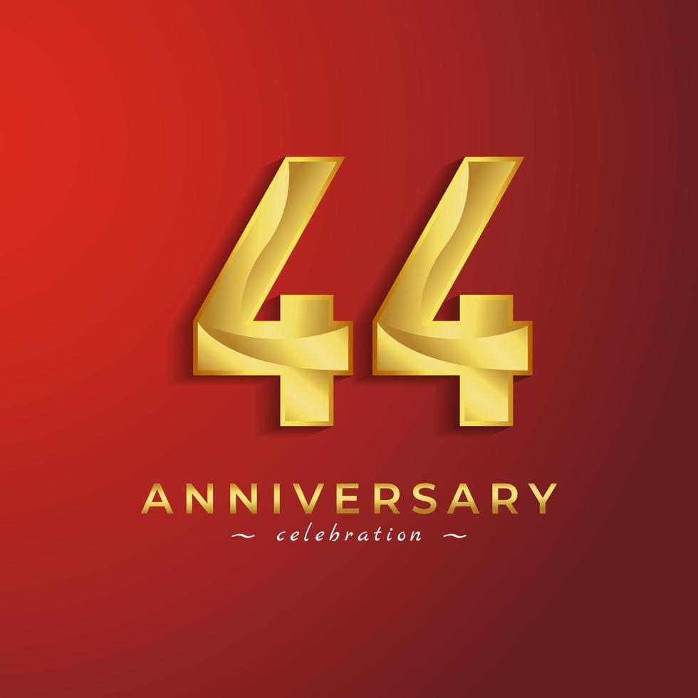 Celebrazione dell'anniversario di 44 anni con colore dorato lucido per eventi celebrativi, matrimoni, biglietti di auguri e biglietti d'invito isolati su sfondo rosso vettore