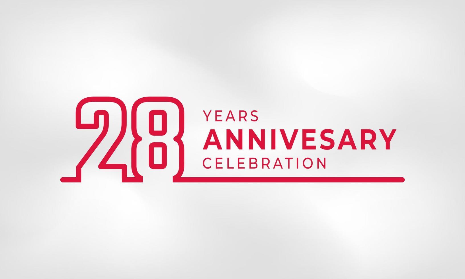 Celebrazione dell'anniversario di 28 anni logotipo collegato numero di contorno colore rosso per evento di celebrazione, matrimonio, biglietto di auguri e invito isolato su sfondo bianco trama vettore