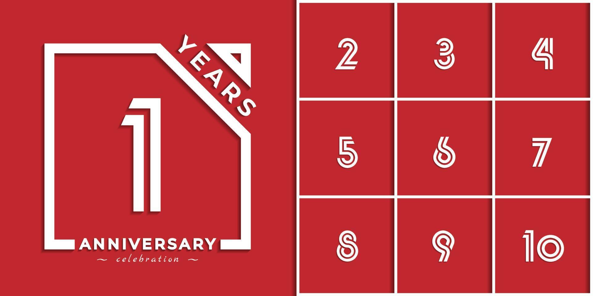 set di design in stile logotipo di celebrazione dell'anniversario dell'anno con numero collegato in quadrato isolato su sfondo rosso. il saluto di buon anniversario celebra l'illustrazione del design dell'evento vettore