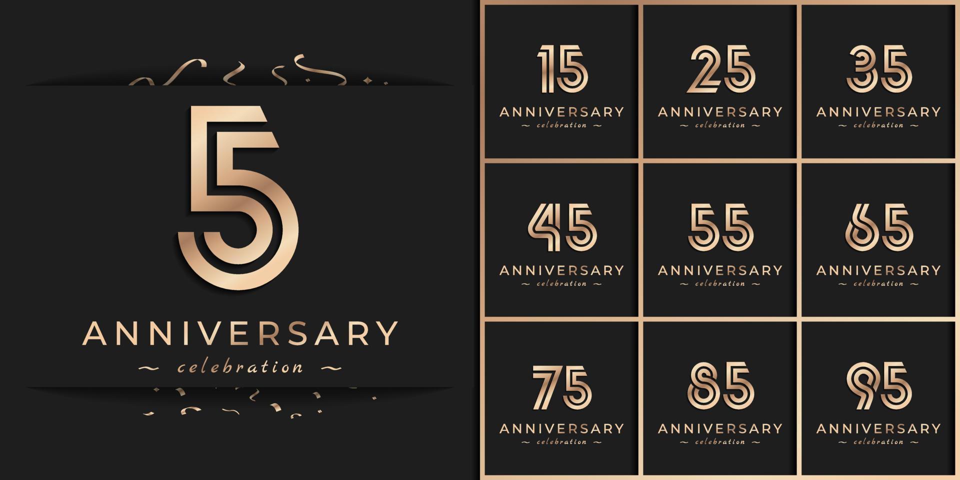 set di design in stile logotipo di celebrazione dell'anniversario. il saluto di buon anniversario celebra l'evento con linea multipla dorata e coriandoli isolati su sfondo scuro illustrazione di design vettore