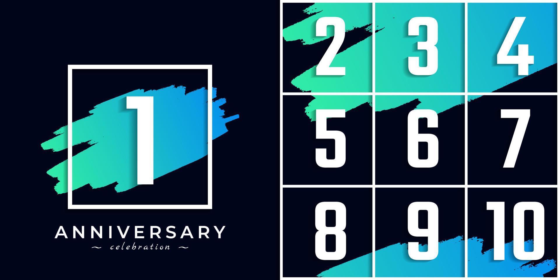 set di celebrazione dell'anniversario con pennello blu e simbolo quadrato. il saluto di buon anniversario celebra l'evento isolato su sfondo nero vettore