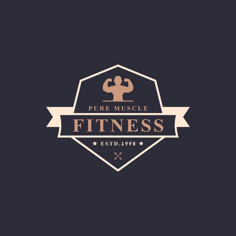 logo vintage retrò distintivo centro fitness e palestra sportiva loghi tipografici con segni e sagome di attrezzature sportive vettore